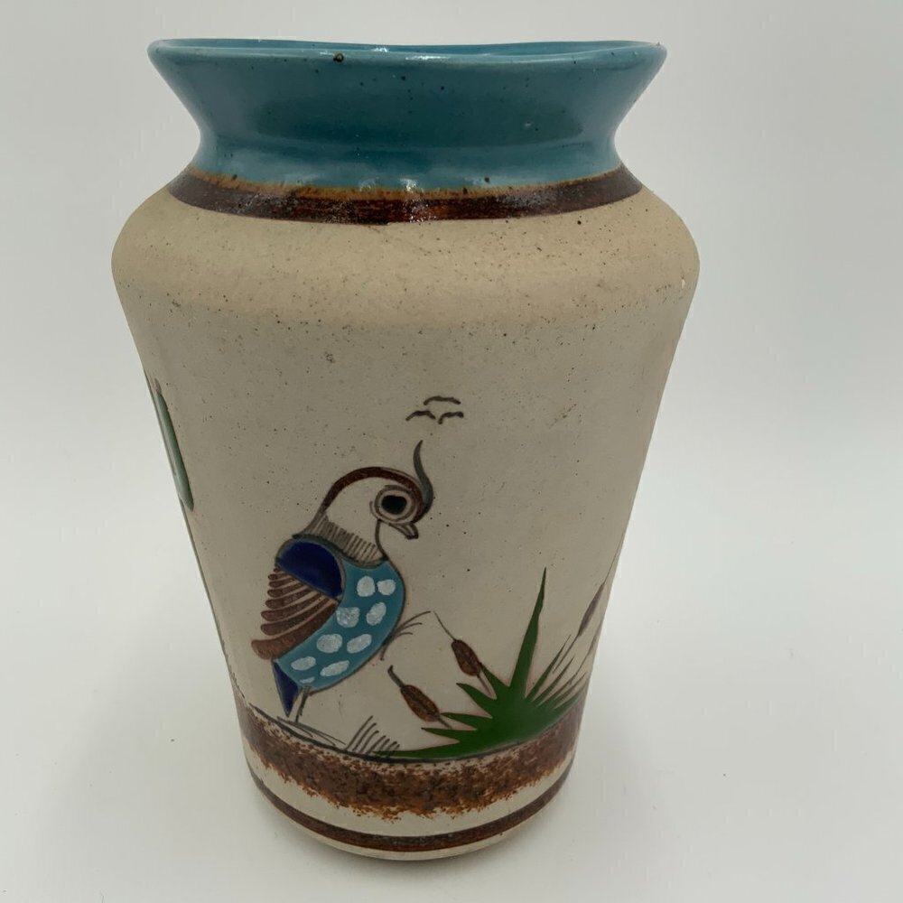Mexico TONALA Vase Folk Art Pottery Hand Painted Bird TACAT Blue Rim 8 1/2" Tall